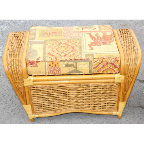 16 - 2 vintage wicker and upholstered conservatory stools, approx 80cm wide x 45cm deep x 47cm tall