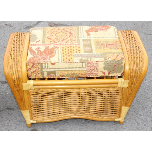 16 - 2 vintage wicker and upholstered conservatory stools, approx 80cm wide x 45cm deep x 47cm tall