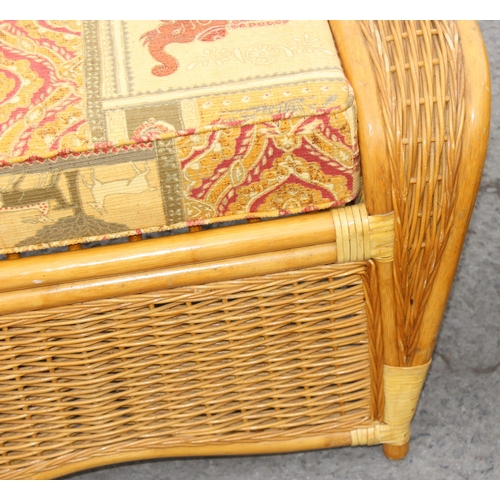 16 - 2 vintage wicker and upholstered conservatory stools, approx 80cm wide x 45cm deep x 47cm tall