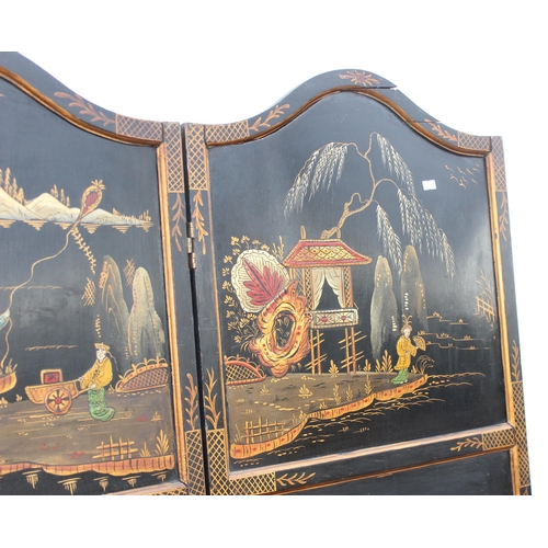 15 - A vintage Oriental painted black lacquer 3 fold room divider or dressing screen, hand painted with v... 