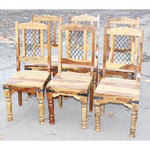 42A - A set of 6 modern striated Indian hardwood dining chairs with iron grille splats