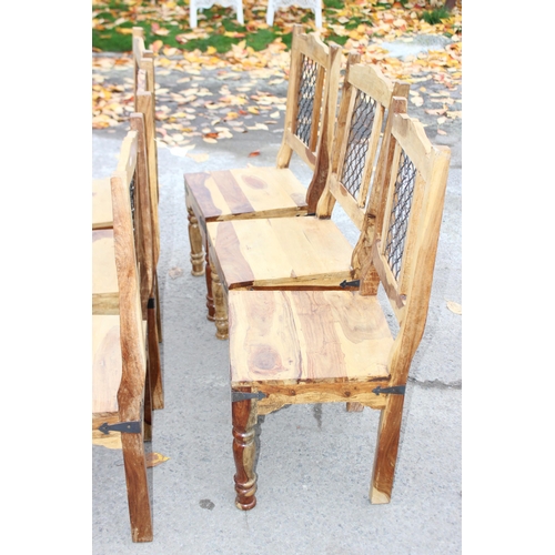 42A - A set of 6 modern striated Indian hardwood dining chairs with iron grille splats