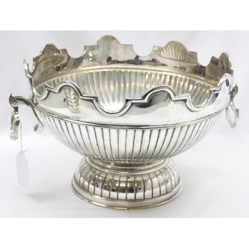 1001 - A large vintage silver plated punchbowl and 8 cups with half gadrooned design and a wavy crenelated ... 