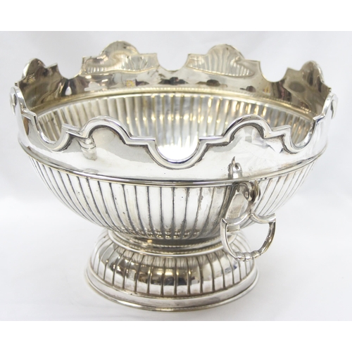 1001 - A large vintage silver plated punchbowl and 8 cups with half gadrooned design and a wavy crenelated ... 