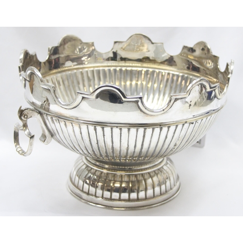 1001 - A large vintage silver plated punchbowl and 8 cups with half gadrooned design and a wavy crenelated ... 