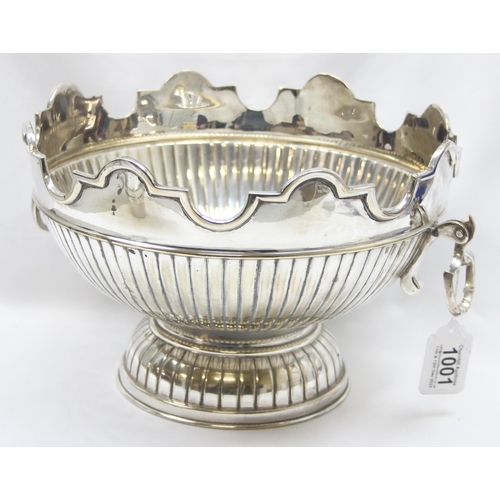 1001 - A large vintage silver plated punchbowl and 8 cups with half gadrooned design and a wavy crenelated ... 