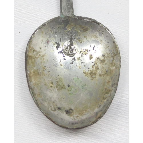 1006 - An antique pewter spoon with touchmark to bowl, hand written note that it was dug up in an orchard, ... 