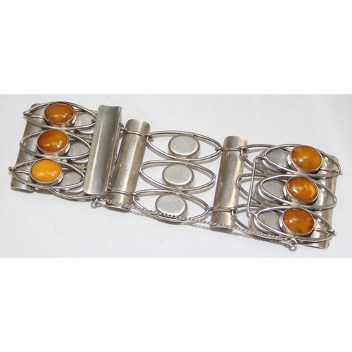 1104 - Bernstein Fischlandschmuck -  a retro German 835 silver and cabochon amber bracelet, marked 835 and ... 