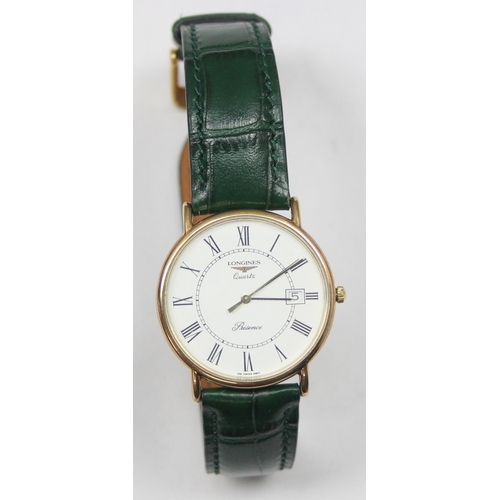 1303 - A Longines Quartz Presence 156-6801 dress watch with gold plated case, in original box with leather ... 