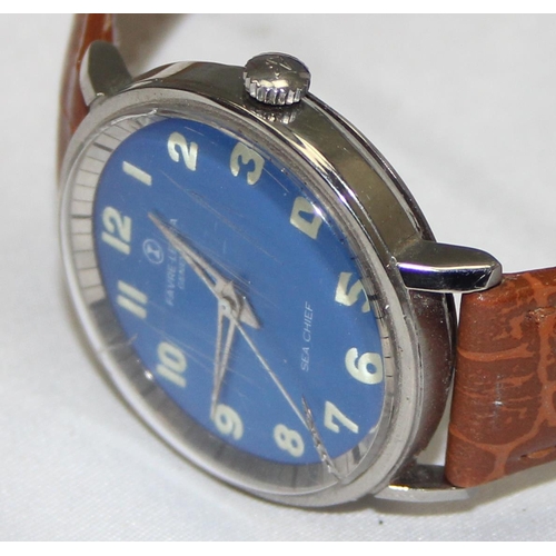 1304 - A vintage Favre Leuba Sea Chief watch with blue dial, leather strap and Twinpower movement