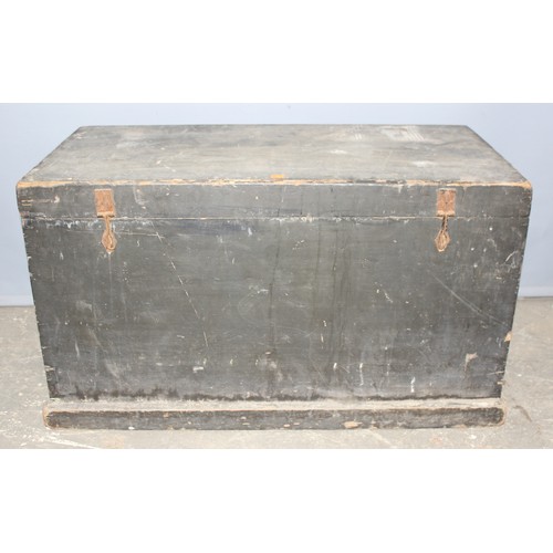 54 - A large vintage black painted pine trunk or tool box, approx 91cm wide x 45cm deep x 53cm tall