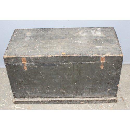 54 - A large vintage black painted pine trunk or tool box, approx 91cm wide x 45cm deep x 53cm tall