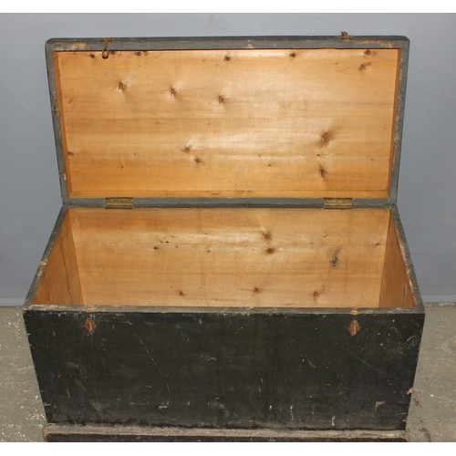 54 - A large vintage black painted pine trunk or tool box, approx 91cm wide x 45cm deep x 53cm tall