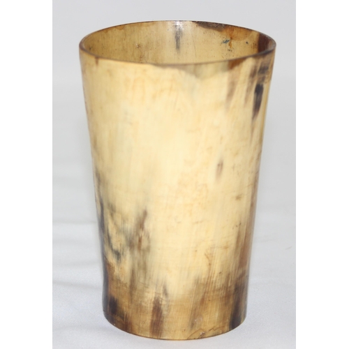 1653 - 2 antique horn beakers, one with engraved letters, the largest approx 11cm tall