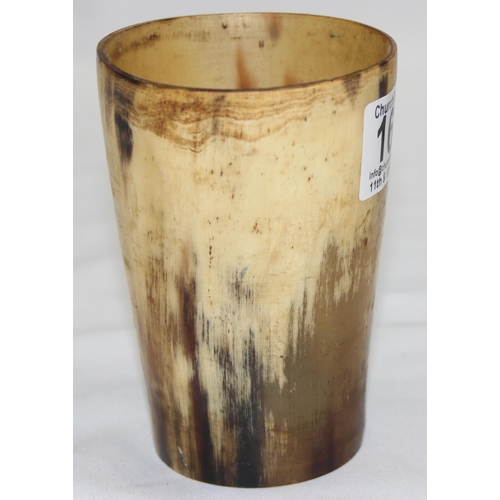 1653 - 2 antique horn beakers, one with engraved letters, the largest approx 11cm tall