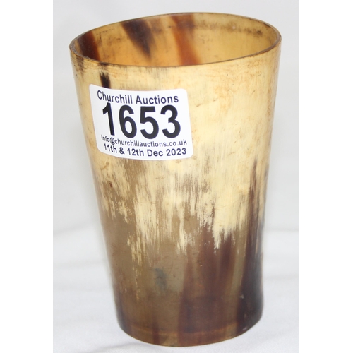 1653 - 2 antique horn beakers, one with engraved letters, the largest approx 11cm tall