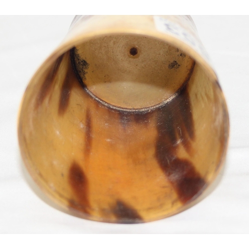 1653 - 2 antique horn beakers, one with engraved letters, the largest approx 11cm tall