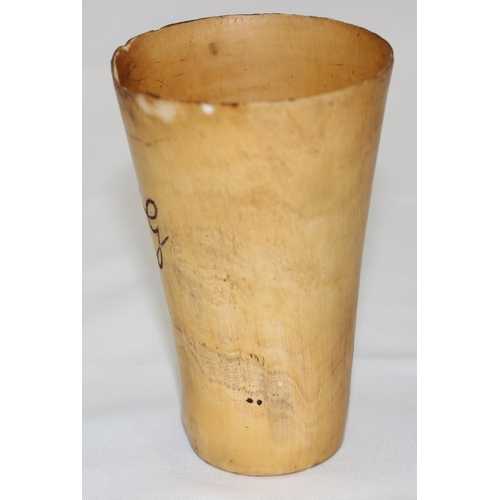 1653 - 2 antique horn beakers, one with engraved letters, the largest approx 11cm tall