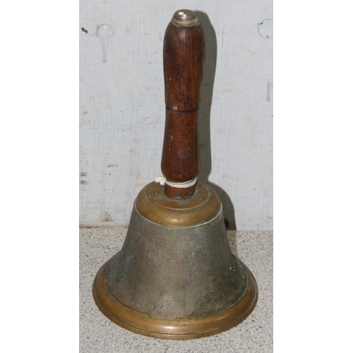 1646 - A vintage brass school bell with wooden handle, approx 24cm tall