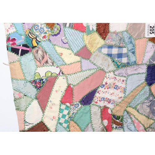 205 - A highly decorated colourful vintage patchwork quilt or blanket, likely early 20th century, approx 1... 