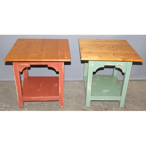 59 - 2 vintage pine topped side tables with distressed painted bases, the larger approx 54cm wide x 54cm ... 