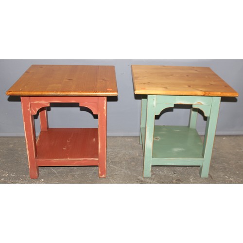 59 - 2 vintage pine topped side tables with distressed painted bases, the larger approx 54cm wide x 54cm ... 