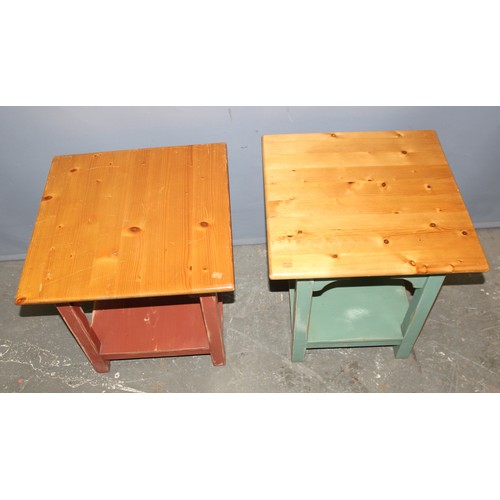 59 - 2 vintage pine topped side tables with distressed painted bases, the larger approx 54cm wide x 54cm ... 