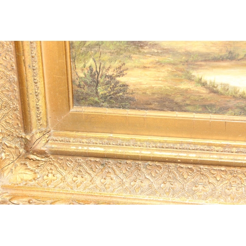 425 - T.H. Smith (XIX-XX), antique gilt framed oil on canvas of a lake a tree scene in decorative gilt fra... 