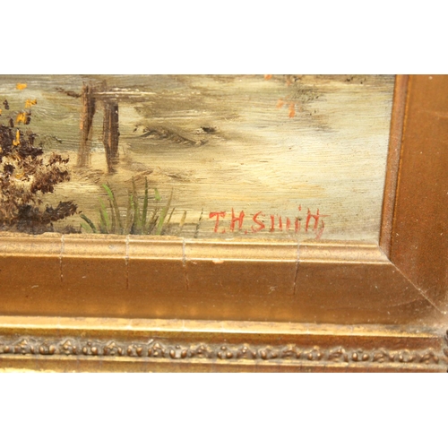 425 - T.H. Smith (XIX-XX), antique gilt framed oil on canvas of a lake a tree scene in decorative gilt fra... 