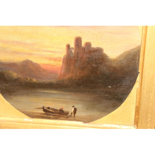 427 - A small antique oil on board depicting a small fishing boat with lake and castle background, seeming... 