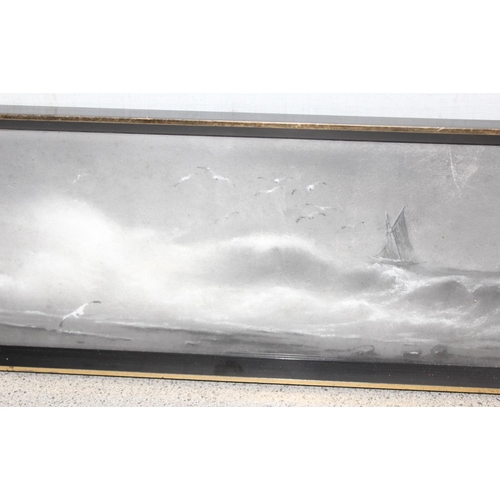 445 - 2 unusual 20th century chalk and charcoal drawings of boats in rough seas, partial signature visible... 