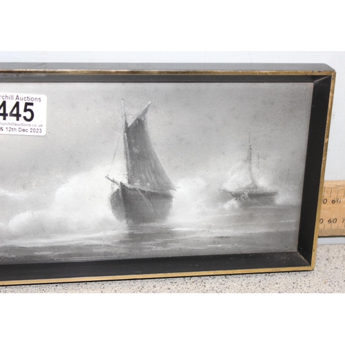 445 - 2 unusual 20th century chalk and charcoal drawings of boats in rough seas, partial signature visible... 