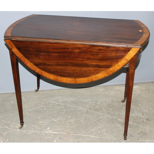 60 - An Edwardian Sheraton Revival mahogany drop leaf table with drawer, approx 107cm wide x 95cm deep x ... 