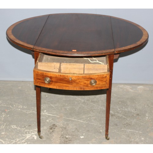 60 - An Edwardian Sheraton Revival mahogany drop leaf table with drawer, approx 107cm wide x 95cm deep x ... 