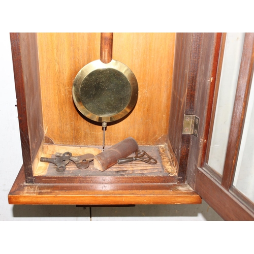 1302 - Art Deco period mechanical wall clock in mahogany case with pendulum and keys