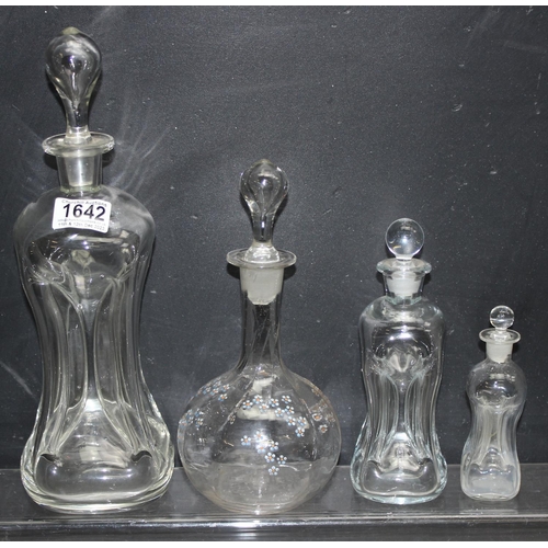 1642 - 3 vintage graduated Kluk-kluk/Glug-glug decanters with stoppers, and another decanter with enamelled... 