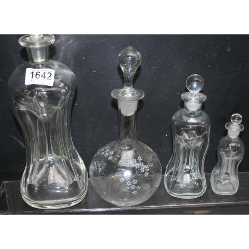 1642 - 3 vintage graduated Kluk-kluk/Glug-glug decanters with stoppers, and another decanter with enamelled... 