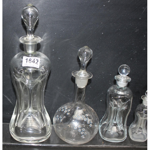 1642 - 3 vintage graduated Kluk-kluk/Glug-glug decanters with stoppers, and another decanter with enamelled... 