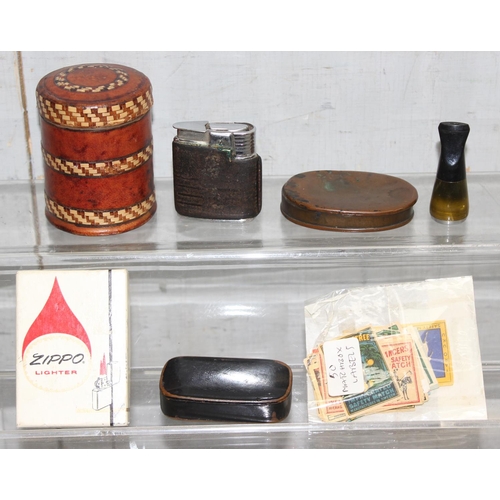 1645 - Small misc smoking paraphernalia to incl Zippo lighter in box, matchbox labels, tobacco/snuff pots e... 