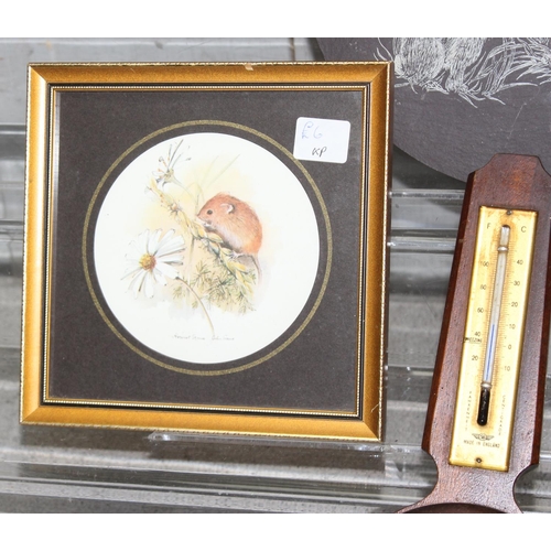 419 - Box of misc items to incl Art Deco wooden photo holders, barometers, decorated slate etc