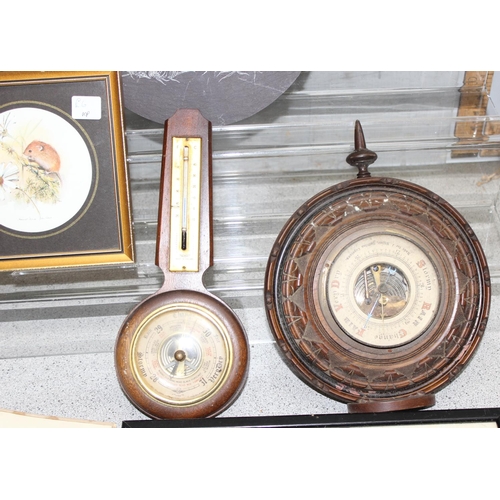 419 - Box of misc items to incl Art Deco wooden photo holders, barometers, decorated slate etc