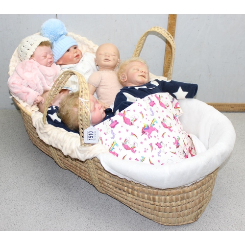 1510 - Qty of reborn style dolls, to incl Bountiful Baby and a wicker bassinet