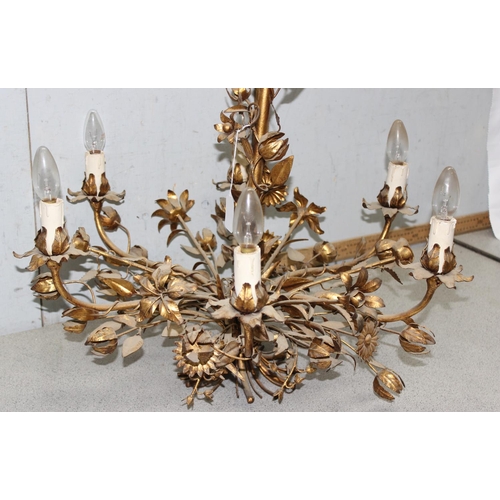 230 - A large distressed gilt metal 6 branch chandelier decorated with flowers and leaves, approx 70cm wid... 