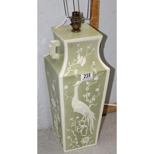 235 - Chinese style ceramic table lamp base in celadon green and cream with peacock decoration, approx 49c... 