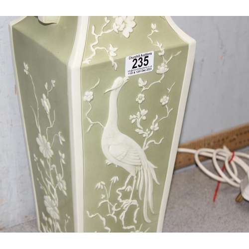 235 - Chinese style ceramic table lamp base in celadon green and cream with peacock decoration, approx 49c... 