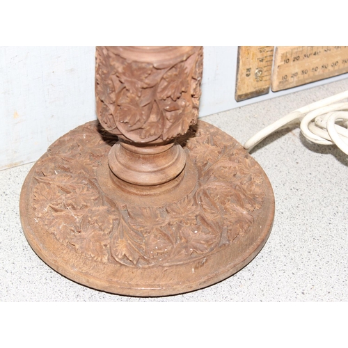 236 - 20th century Indian carved hardwood table lamp base with intricate leaf design, approx 51cm tall