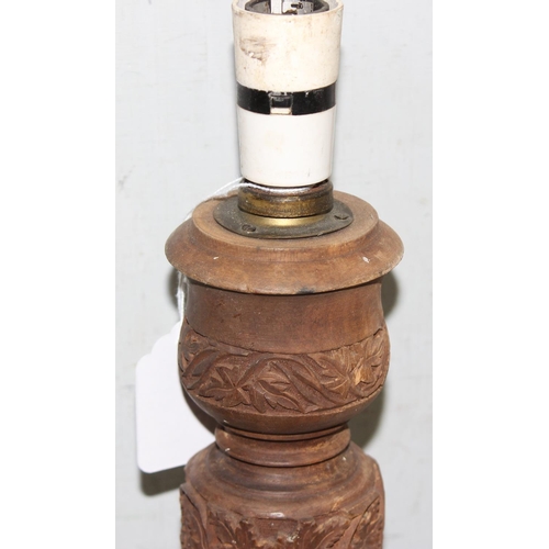 236 - 20th century Indian carved hardwood table lamp base with intricate leaf design, approx 51cm tall