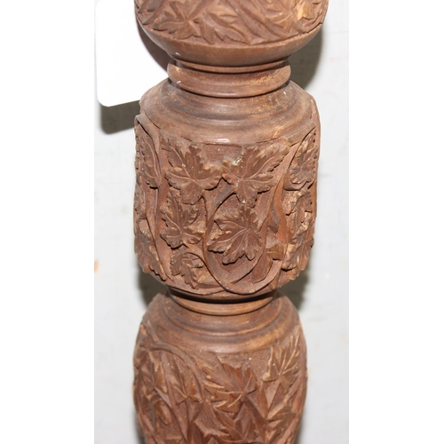 236 - 20th century Indian carved hardwood table lamp base with intricate leaf design, approx 51cm tall