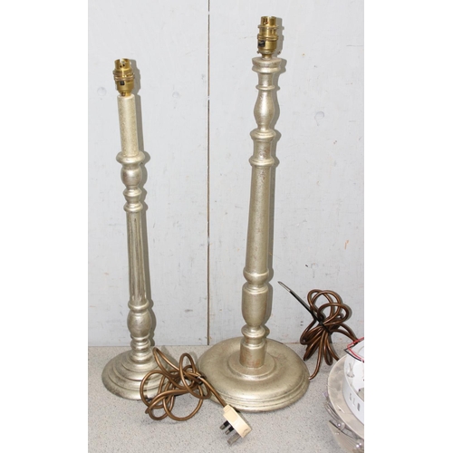 239 - 2 gilt-wood tall candlestick style table lamps and 2 frosted glass and crystal ceiling lights