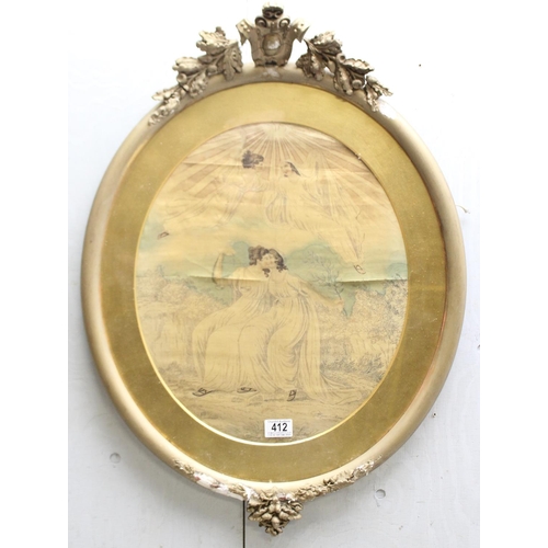 412 - 19th century ink and wash on silk of an embracing scene in ornate gilt frame, approx 68cm x 50cm